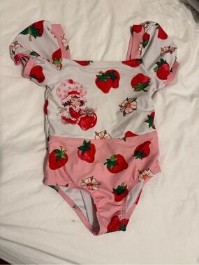 Girls Pink Strawberry Print One-Piece Swimsuit with Ruffle Straps